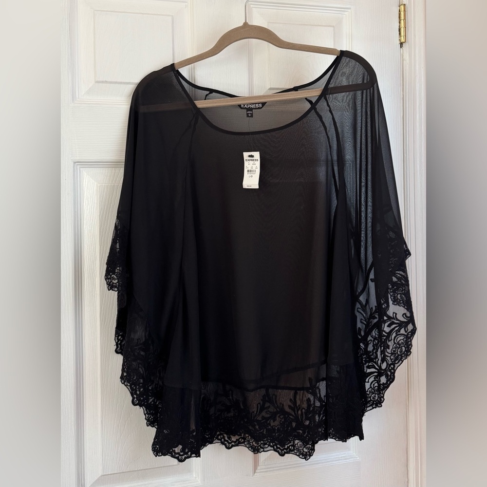 Express Black Sheer Lace-Trim Poncho Blouse